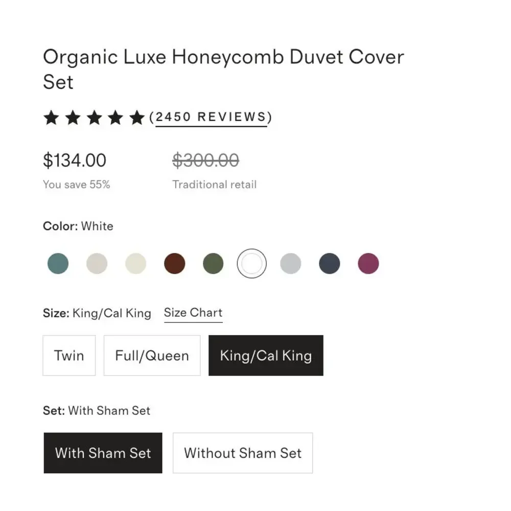 QUINCE Organic Luxe Honeycomb Duvet Cover Set KING/CAL KING in WHITE